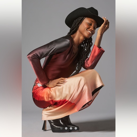 100% silk Anthropologie NWT Delfi Collective Long-Sleeve Ombre Slip Dress size S - Picture 3 of 6